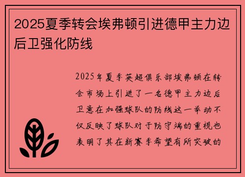 2025夏季转会埃弗顿引进德甲主力边后卫强化防线