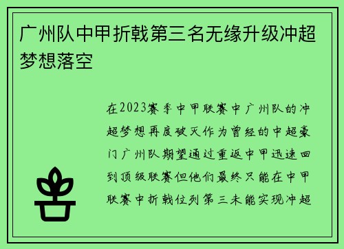 广州队中甲折戟第三名无缘升级冲超梦想落空